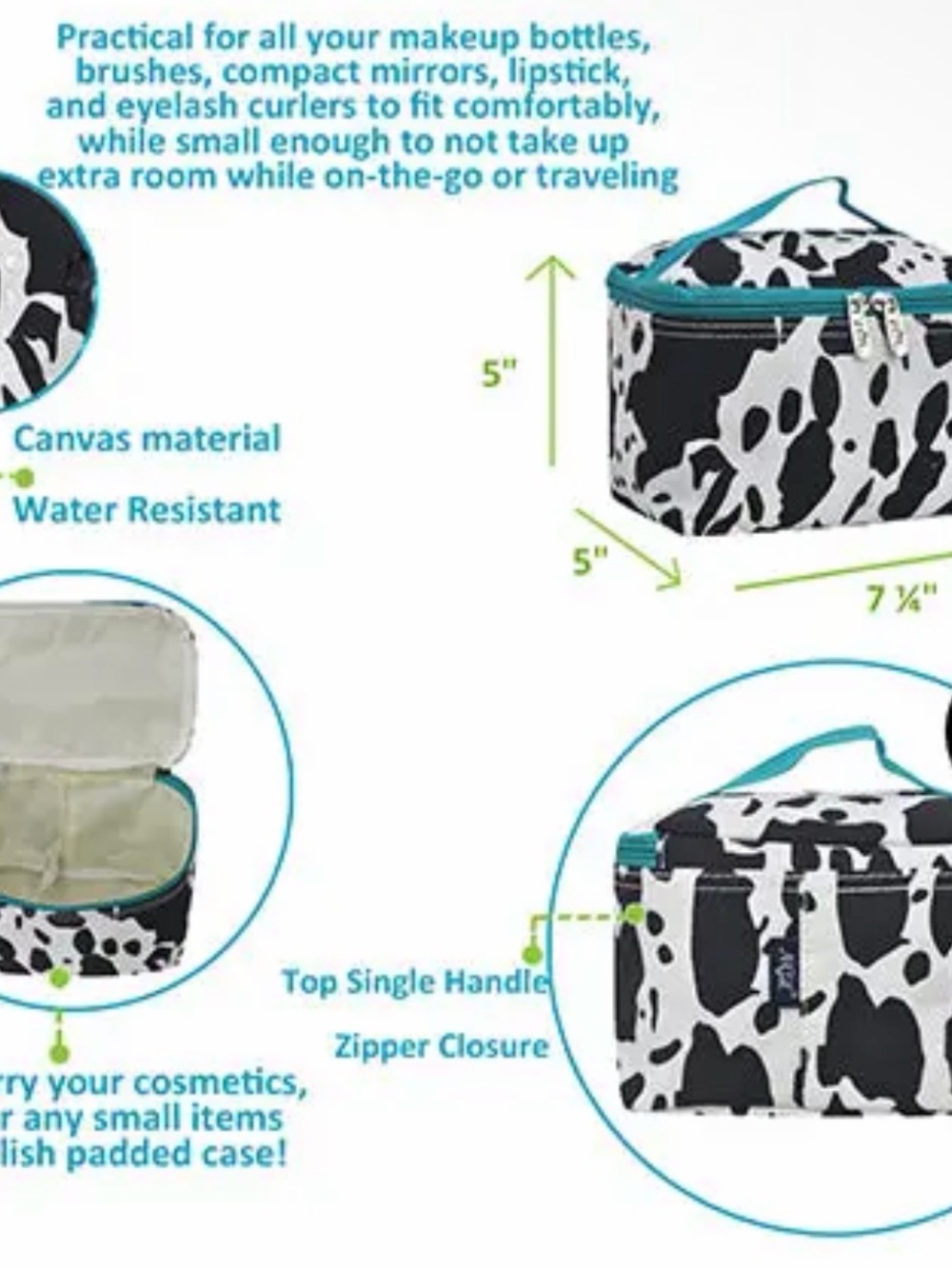 Turquoise Black Cowprint Cosmetic Bag Set - Matching Travel Organizer - Picture 10 of 10
